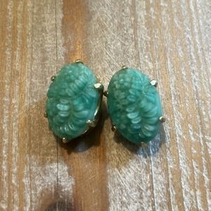 Vintage Green Peking Glass Gold Clip On Earrings Carved Chinese Faux Jade
